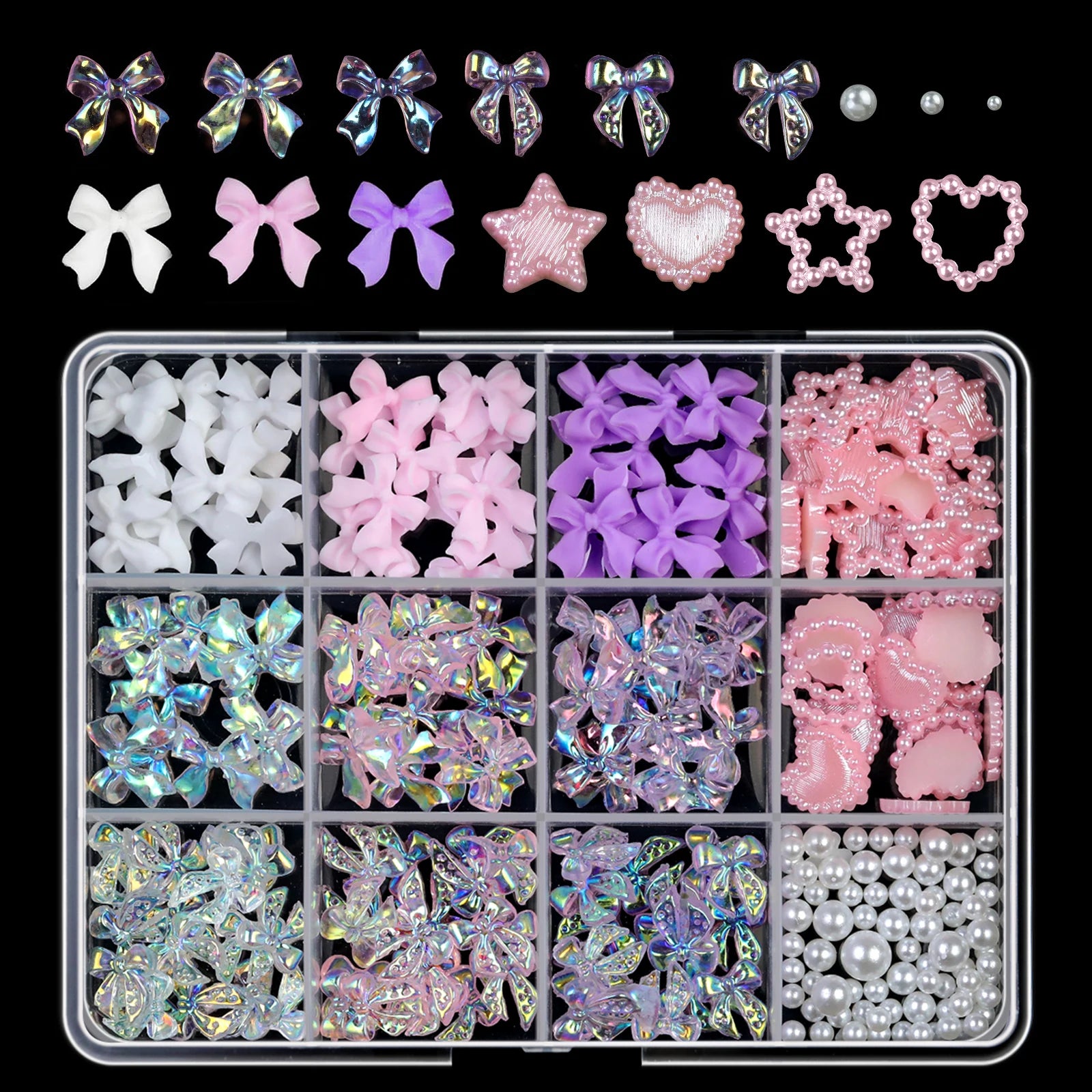 12Grids/box Mixed Resin Bowknot Nail Art Decorations 3D Acrylic Charms Kawaii Colorful Bow Rhinestone DIY Manicure Tools Parts