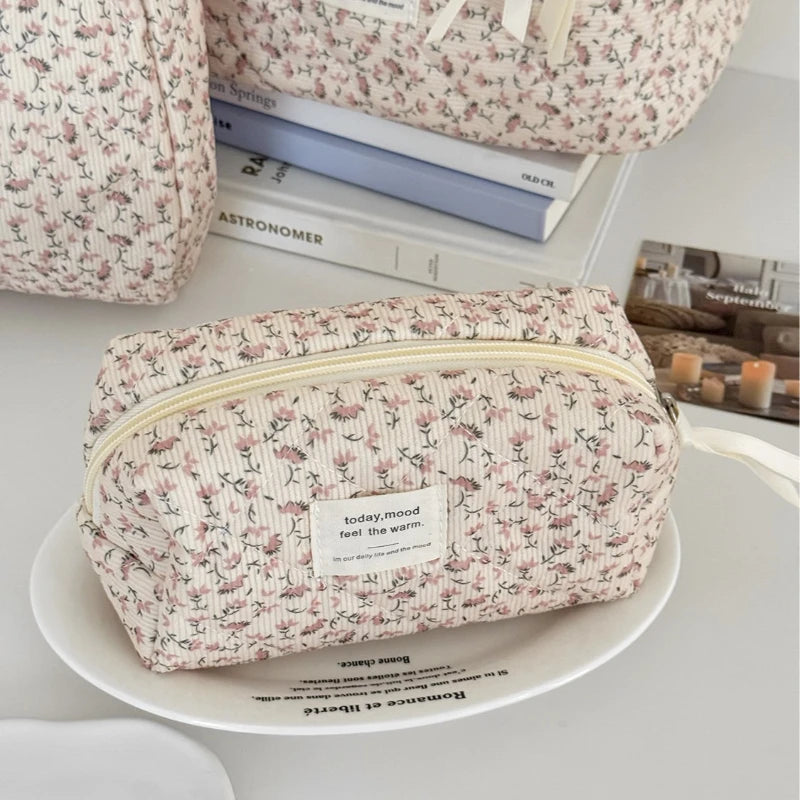 Vintage Corduroy Women's Floral Cosmetic Bag Retro Ladies Travel Storage Bags Handbags Portable Female Makeup Case Clutch Purse
