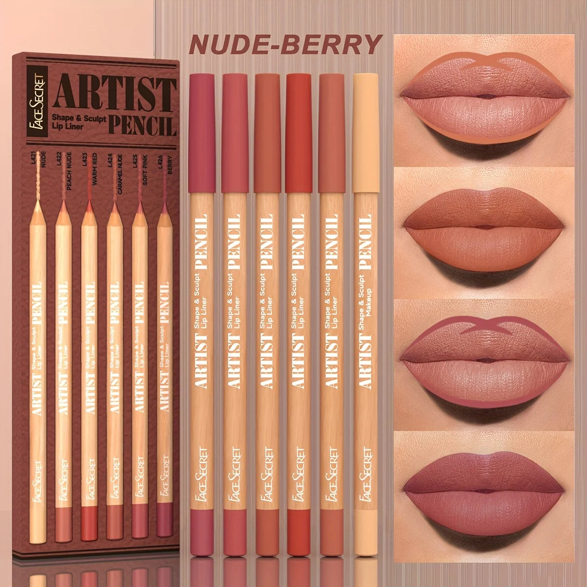 Ensemble de 6 crayons contour des lèvres nude, set de maquillage imperméable mat, texture veloutée longue tenue, combo de crayons à lèvres, adapté au maquillage quotidien.