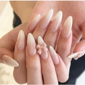 24pcs Sweet Cat Eye French Press on Nails Diamond-Pointed Three Dimensional Bow Knot Wearable Nail For Women&Girl Almond Nail