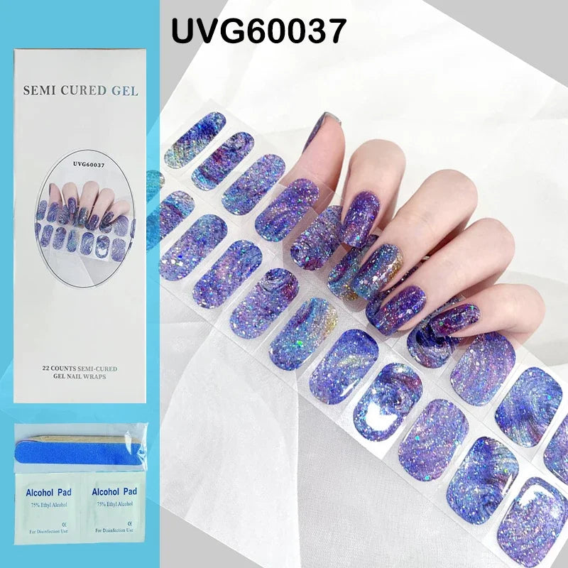 16/20Tips Semi-Cured Nail Wraps Simple Color Adhesive Full Cover Stickers for Nails UV Lamp Need Press On Nails DIY Manicure