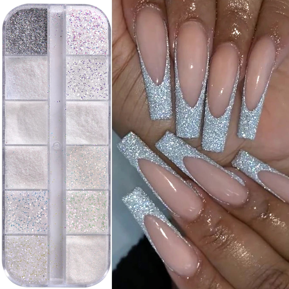 12 Grids Shiny White Sugar Nail Glitter Powder Fine Iridescent Flakes Pigment Dust Elegant Wedding Manicure Decorations DIY