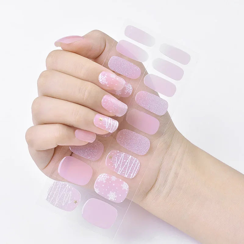 16/20Tips Semi-Cured Nail Wraps Simple Color Adhesive Full Cover Stickers for Nails UV Lamp Need Press On Nails DIY Manicure