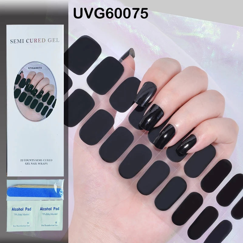 16/20Tips Semi-Cured Nail Wraps Simple Color Adhesive Full Cover Stickers for Nails UV Lamp Need Press On Nails DIY Manicure