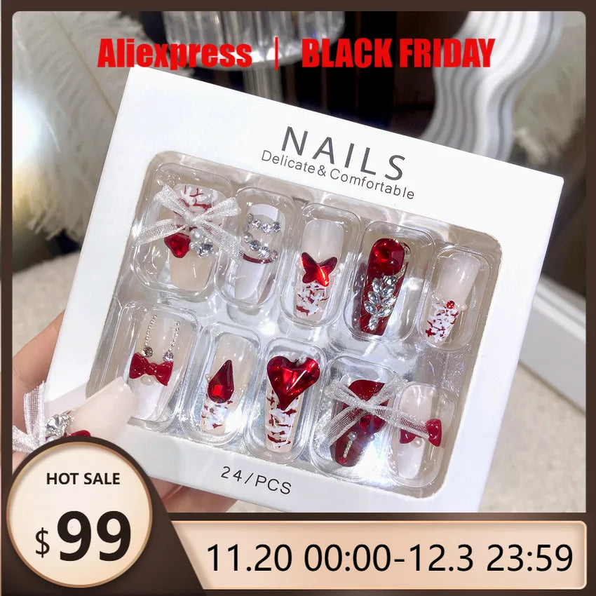 24Pcs Lace Bow Press-on Nails Valentine's Day Diamond Pearl Red Heart False Nails New Almond Wear Nail for Women and Girls