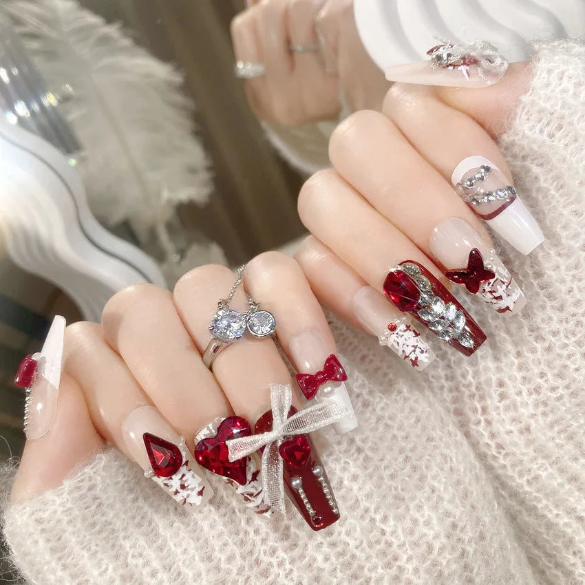 24Pcs Lace Bow Press-on Nails Valentine's Day Diamond Pearl Red Heart False Nails New Almond Wear Nail for Women and Girls