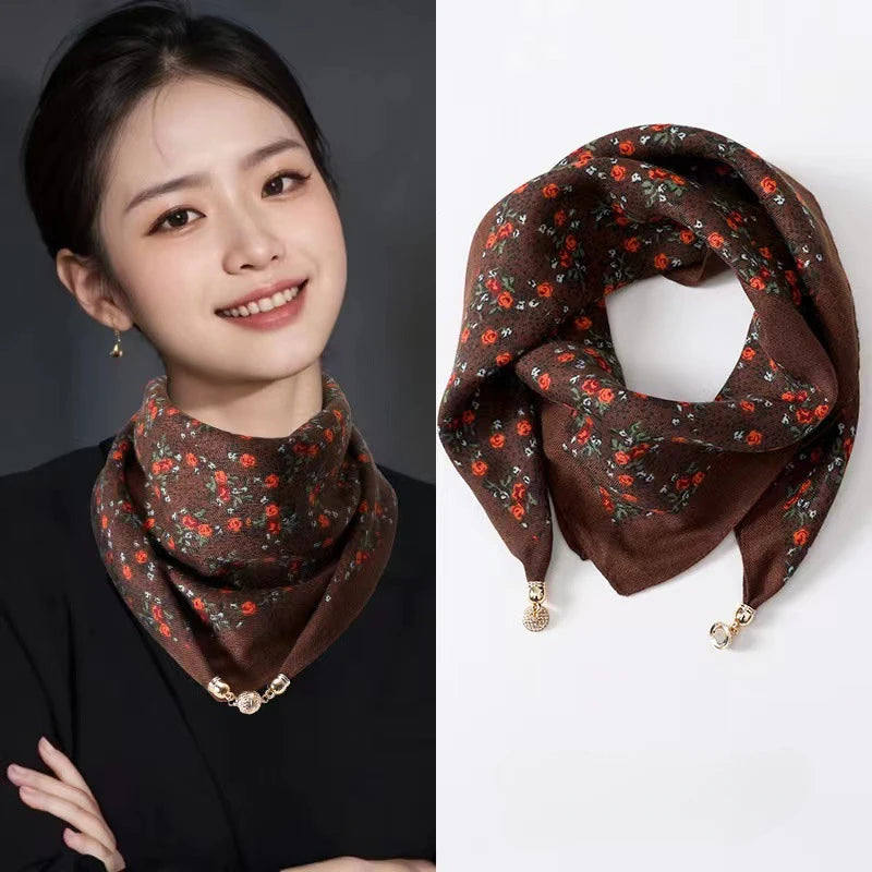 Luxury Magnetic Buckle Print Silk Scarf for Women Autumn and Winter New Fashion Soft Satin Neckerchief High-end Neck Scarf ﻿