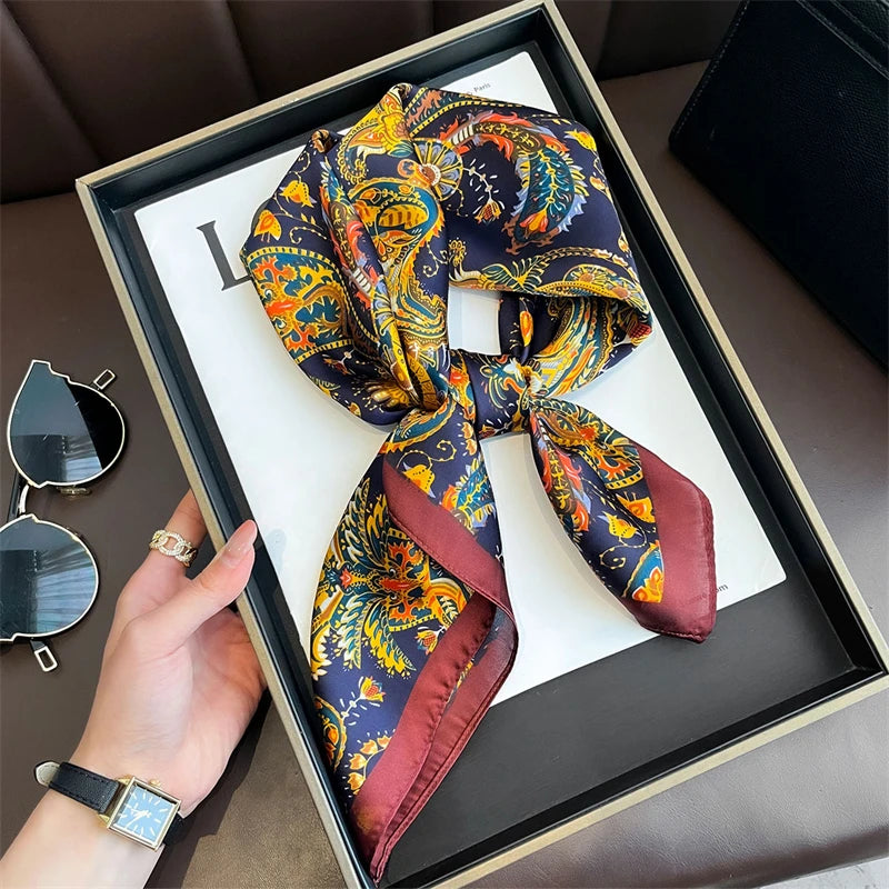 70cm Square Lemon Print Yellow Square Silk Scarf Casual Elegant Thin Breathable Neck Women Windproof Head Wrap Hair Scarves