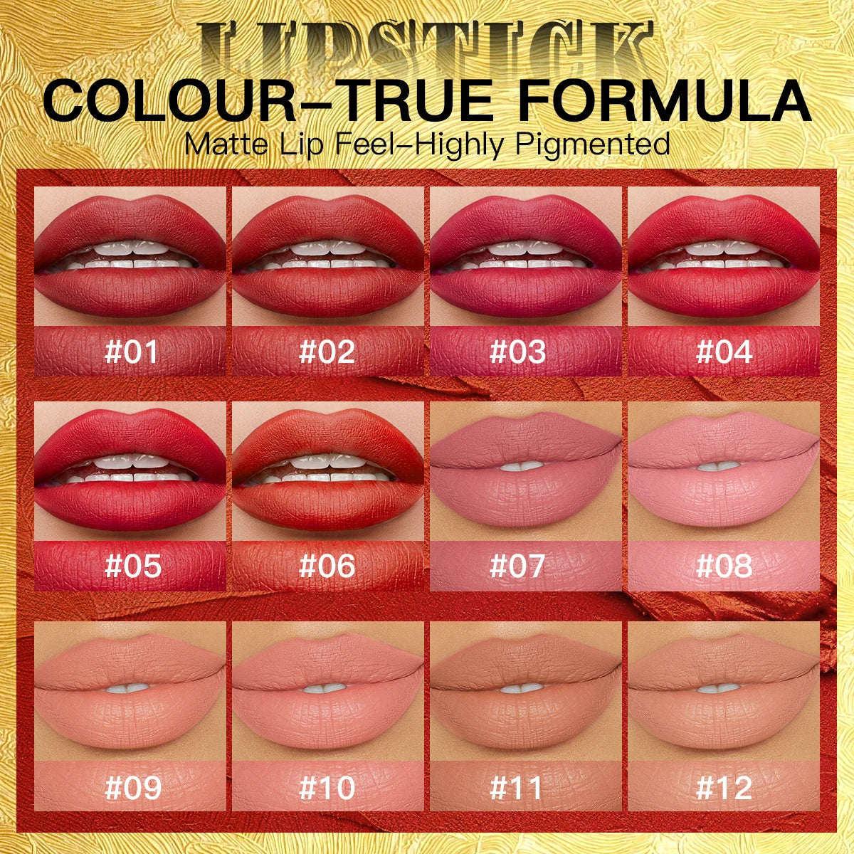 USHAS, Matte lipstick, long-lasting waterproof, moisturizing, non-stick cup, gold shape, with heart-shaped mirror