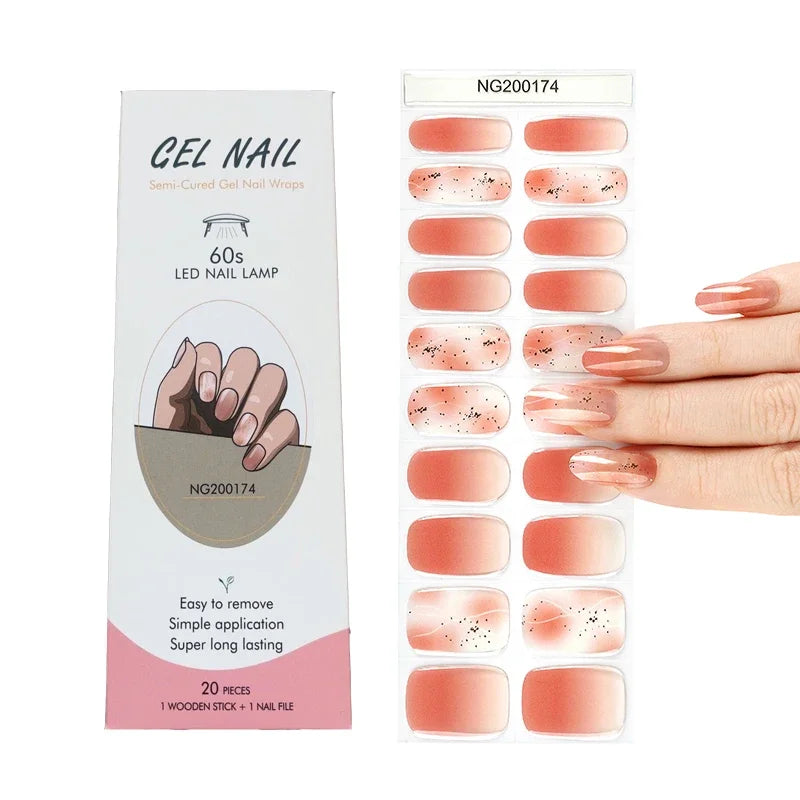 16/20Tips Semi-Cured Nail Wraps Simple Color Adhesive Full Cover Stickers for Nails UV Lamp Need Press On Nails DIY Manicure