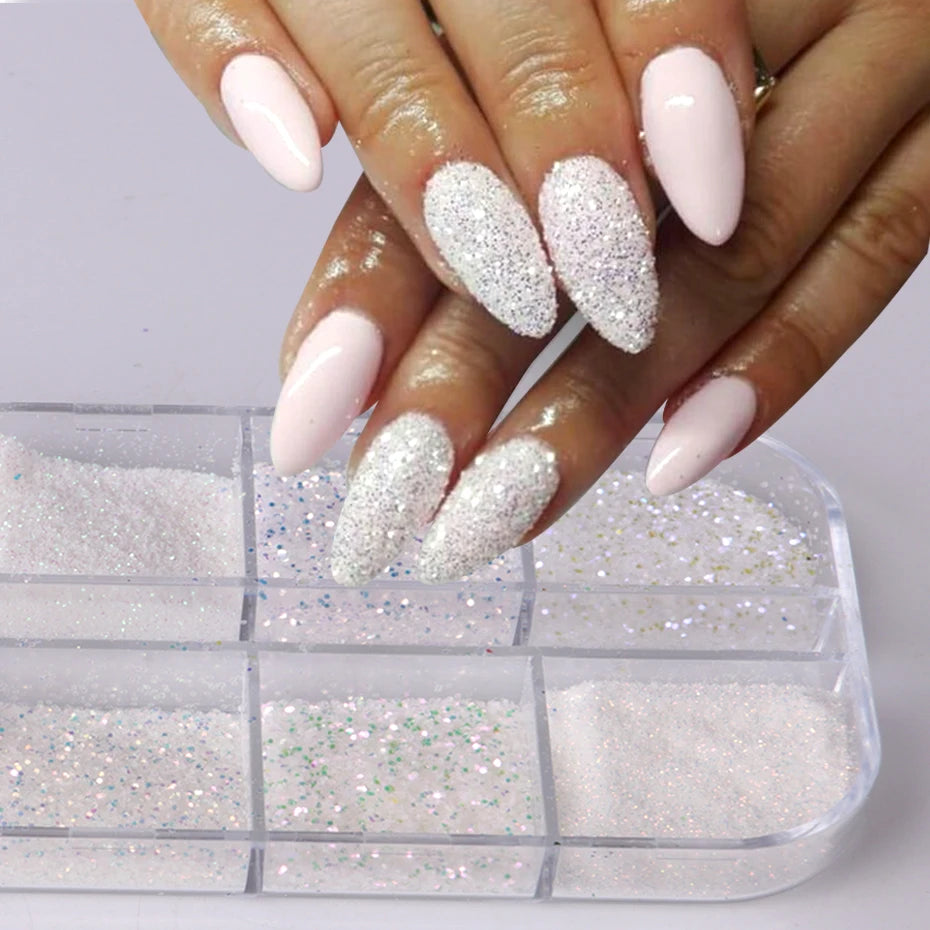 12 Grids Shiny White Sugar Nail Glitter Powder Fine Iridescent Flakes Pigment Dust Elegant Wedding Manicure Decorations DIY