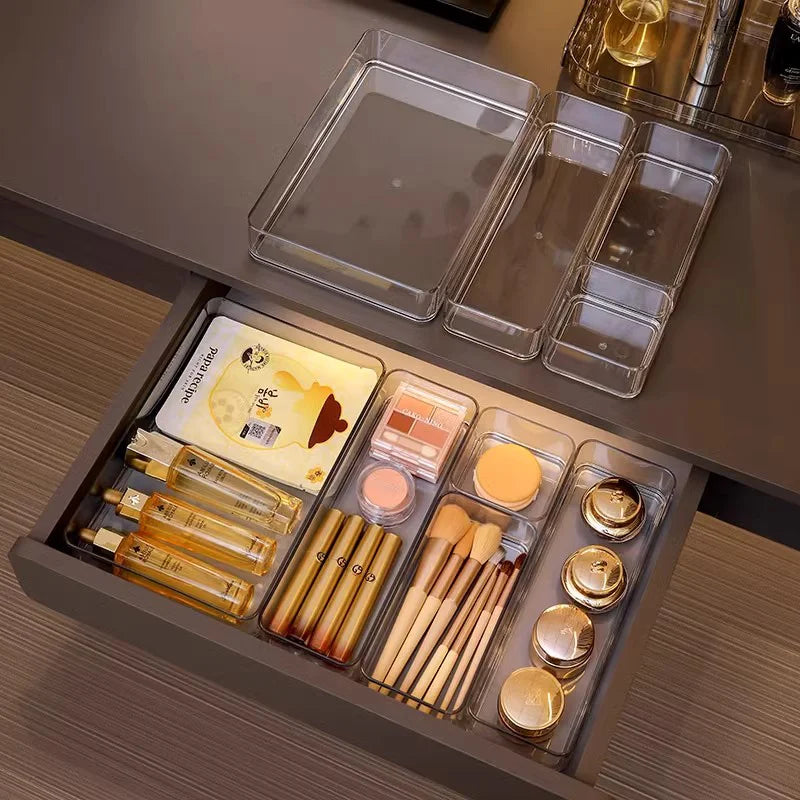 Clear Plastic Storage Box Vanity Drawer Makeup Jewelries Organizer Stackable Kitchen Bathroom Desktop Accessories Storage Tray