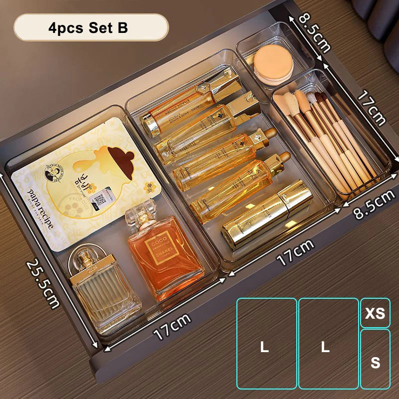 Clear Plastic Storage Box Vanity Drawer Makeup Jewelries Organizer Stackable Kitchen Bathroom Desktop Accessories Storage Tray