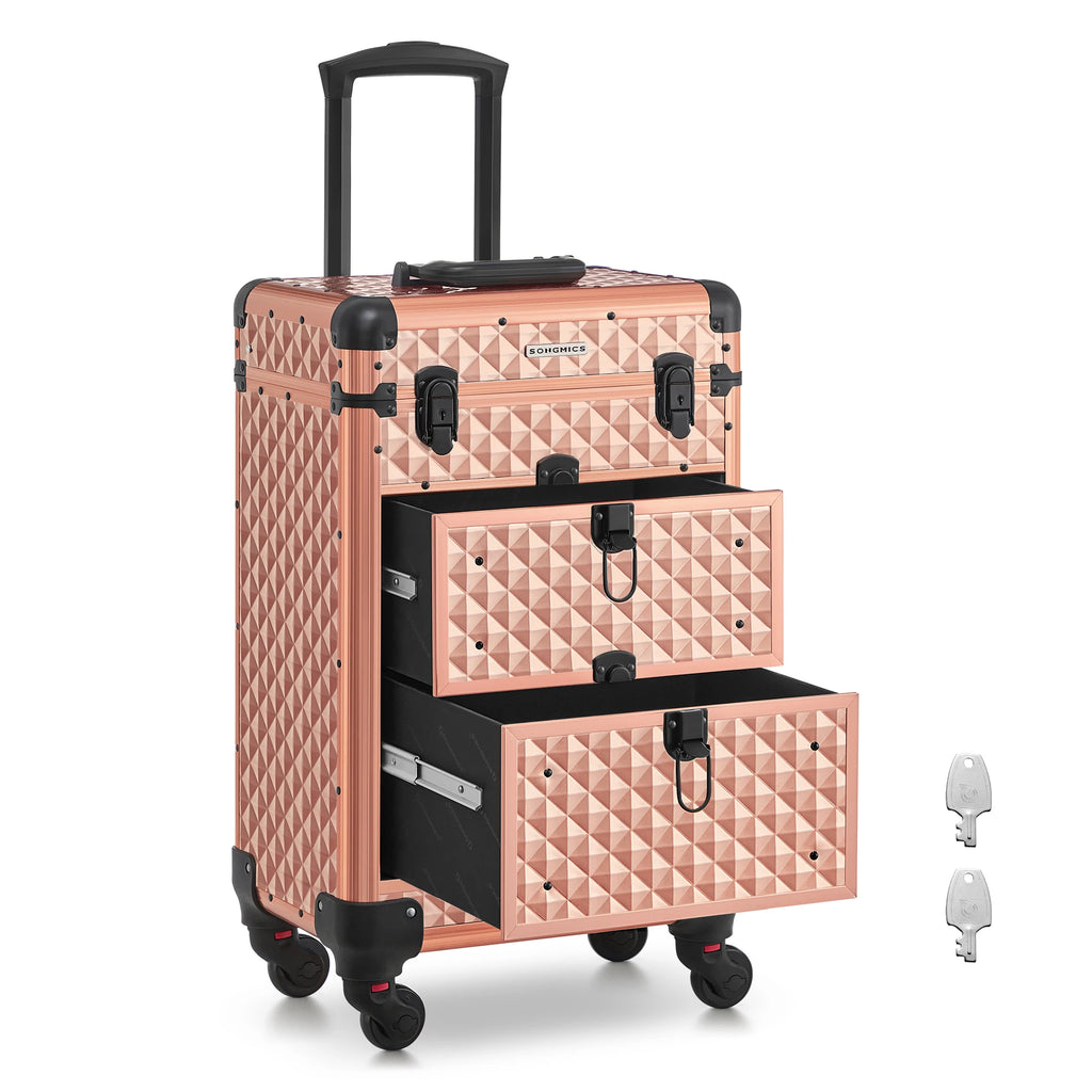 Professional Makeup Case, with 2 Drawers, Large, 34 x 24 x 56 cm, 360° Swivel Wheels, Champagne Gold