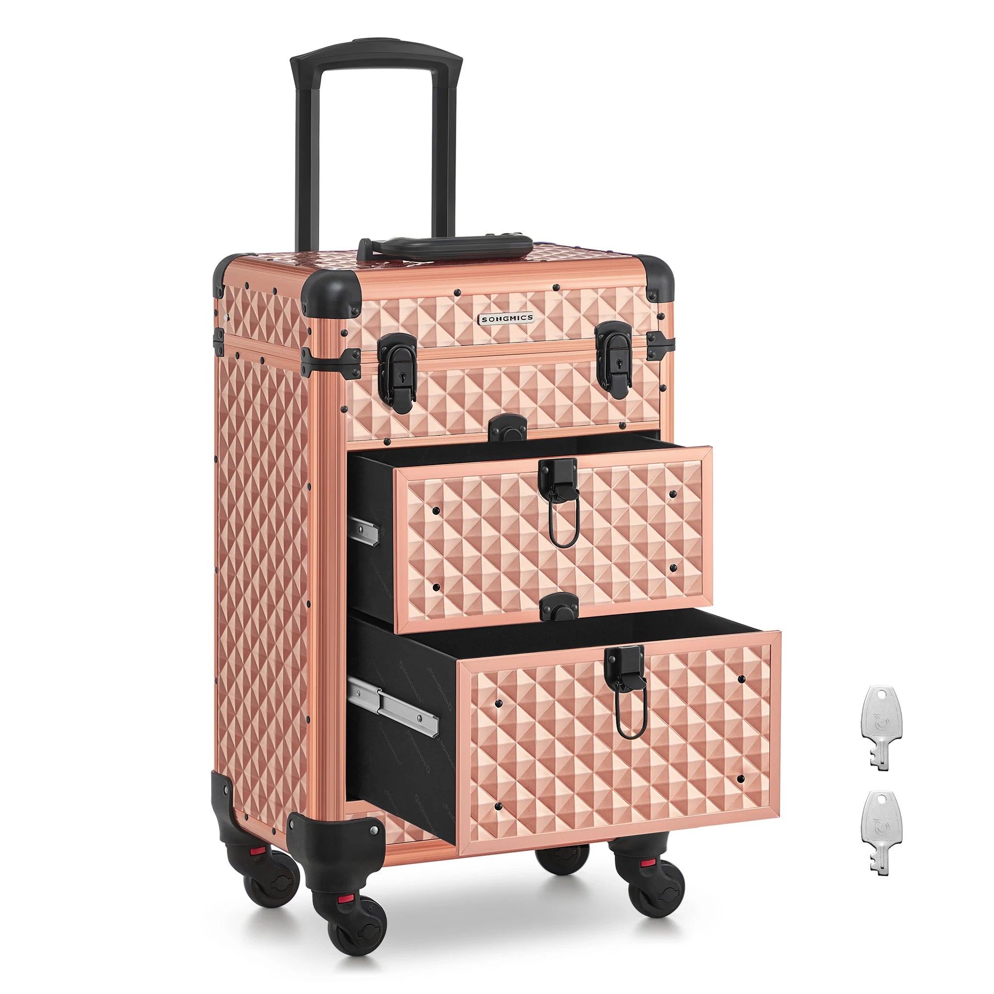 Professional Makeup Case, with 2 Drawers, Large, 34 x 24 x 56 cm, 360° Swivel Wheels, Champagne Gold