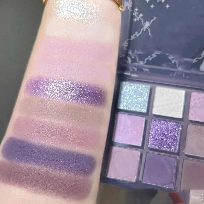 Aurora Purple 9 Colors Eyeshadow Palette Smokey Purple Lace Shimmer Matte Silver Water Highlight Cool Tone Eye Shadow Korean