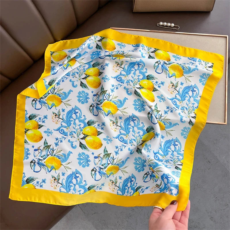70cm Square Lemon Print Yellow Square Silk Scarf Casual Elegant Thin Breathable Neck Women Windproof Head Wrap Hair Scarves