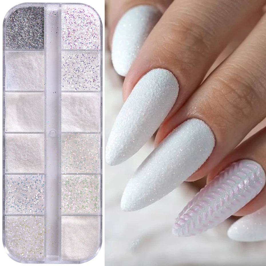 12 Grids Shiny White Sugar Nail Glitter Powder Fine Iridescent Flakes Pigment Dust Elegant Wedding Manicure Decorations DIY