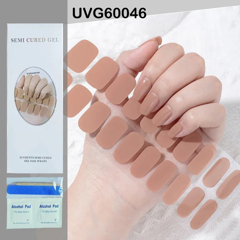 16/20Tips Semi-Cured Nail Wraps Simple Color Adhesive Full Cover Stickers for Nails UV Lamp Need Press On Nails DIY Manicure