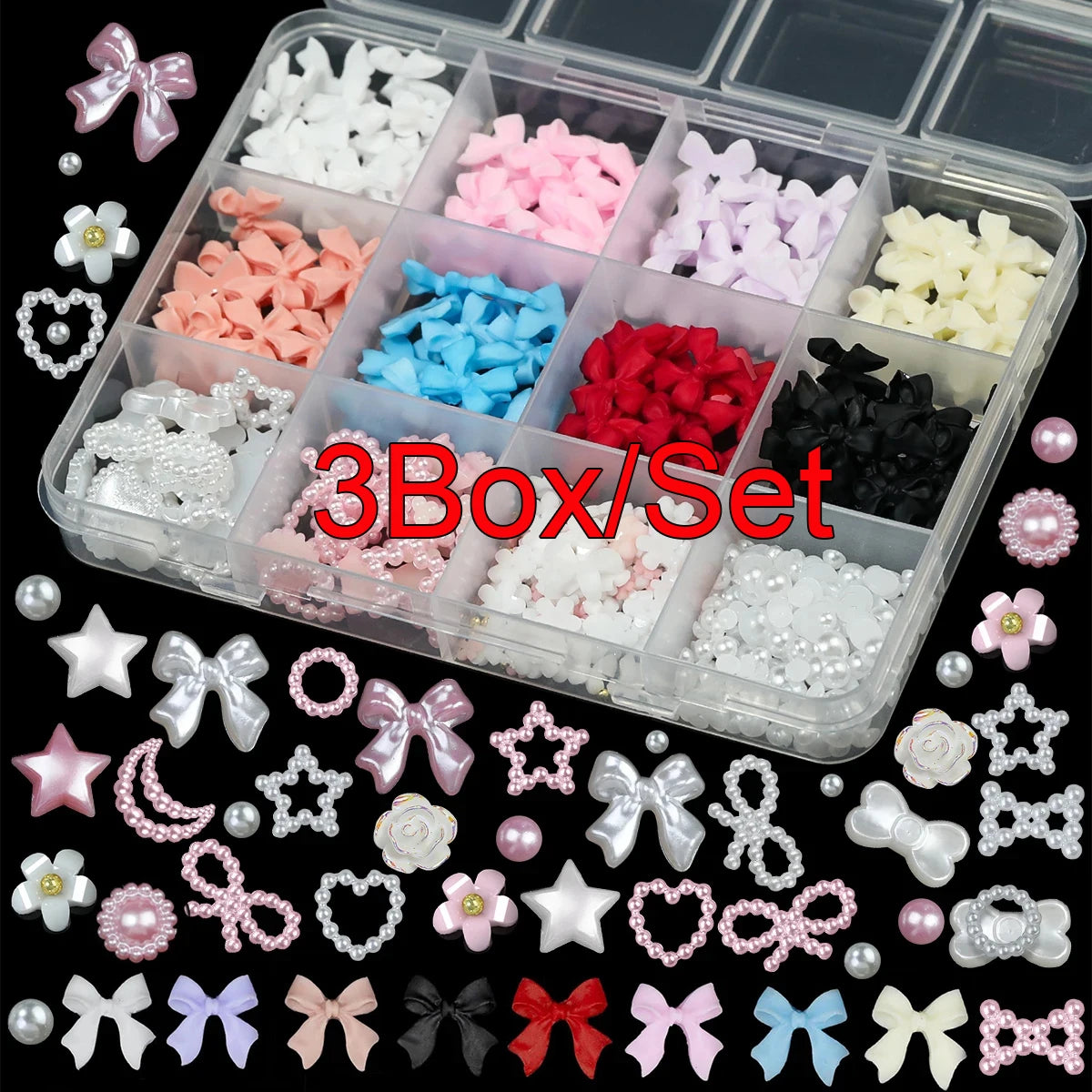12Grids/box Mixed Resin Bowknot Nail Art Decorations 3D Acrylic Charms Kawaii Colorful Bow Rhinestone DIY Manicure Tools Parts