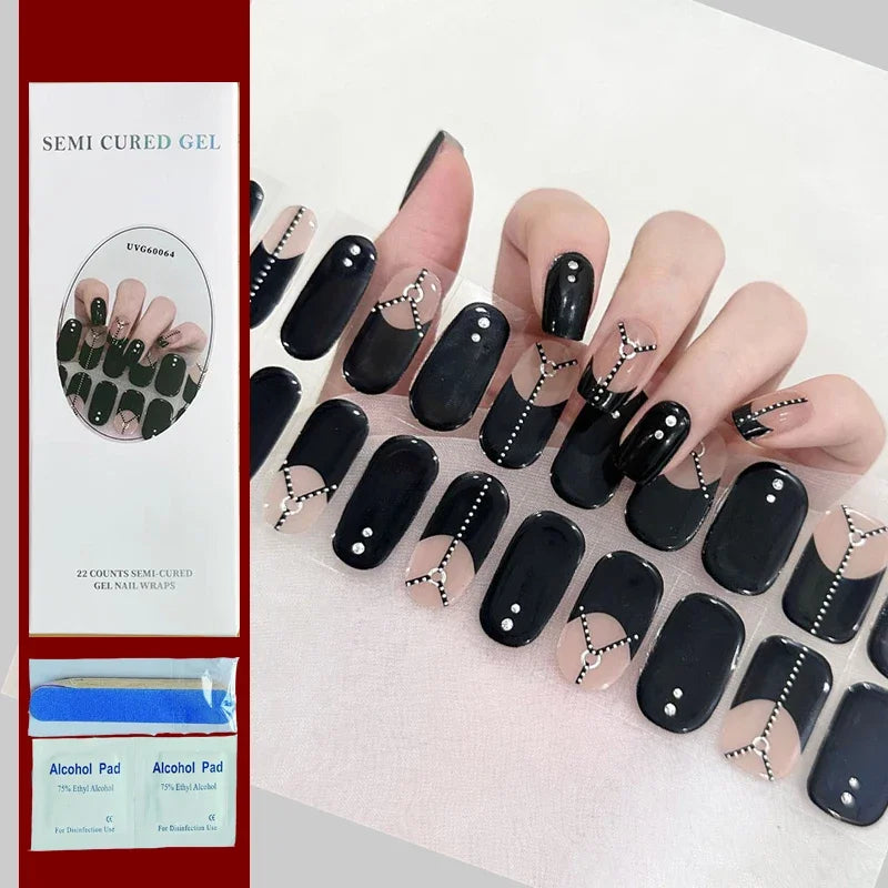 16/20Tips Semi-Cured Nail Wraps Simple Color Adhesive Full Cover Stickers for Nails UV Lamp Need Press On Nails DIY Manicure