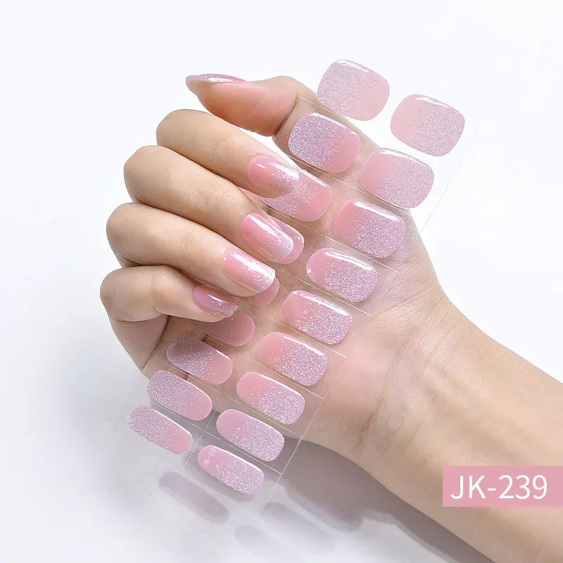 16/20Tips Semi-Cured Nail Wraps Simple Color Adhesive Full Cover Stickers for Nails UV Lamp Need Press On Nails DIY Manicure