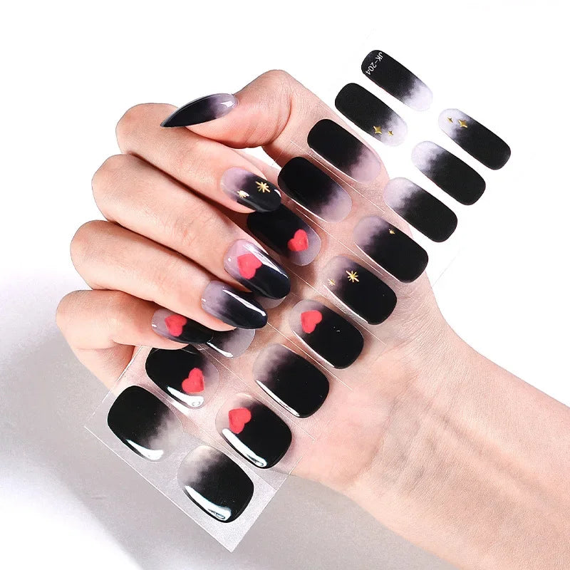16/20Tips Semi-Cured Nail Wraps Simple Color Adhesive Full Cover Stickers for Nails UV Lamp Need Press On Nails DIY Manicure