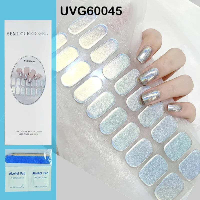 16/20Tips Semi-Cured Nail Wraps Simple Color Adhesive Full Cover Stickers for Nails UV Lamp Need Press On Nails DIY Manicure