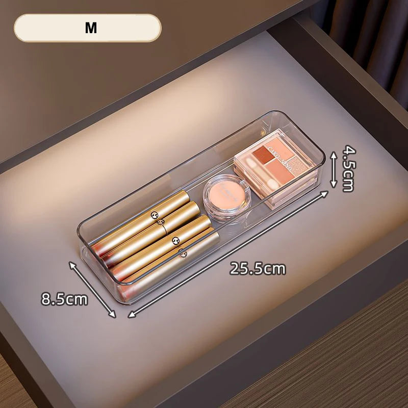 Clear Plastic Storage Box Vanity Drawer Makeup Jewelries Organizer Stackable Kitchen Bathroom Desktop Accessories Storage Tray