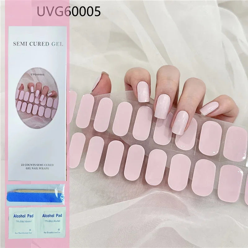 16/20Tips Semi-Cured Nail Wraps Simple Color Adhesive Full Cover Stickers for Nails UV Lamp Need Press On Nails DIY Manicure