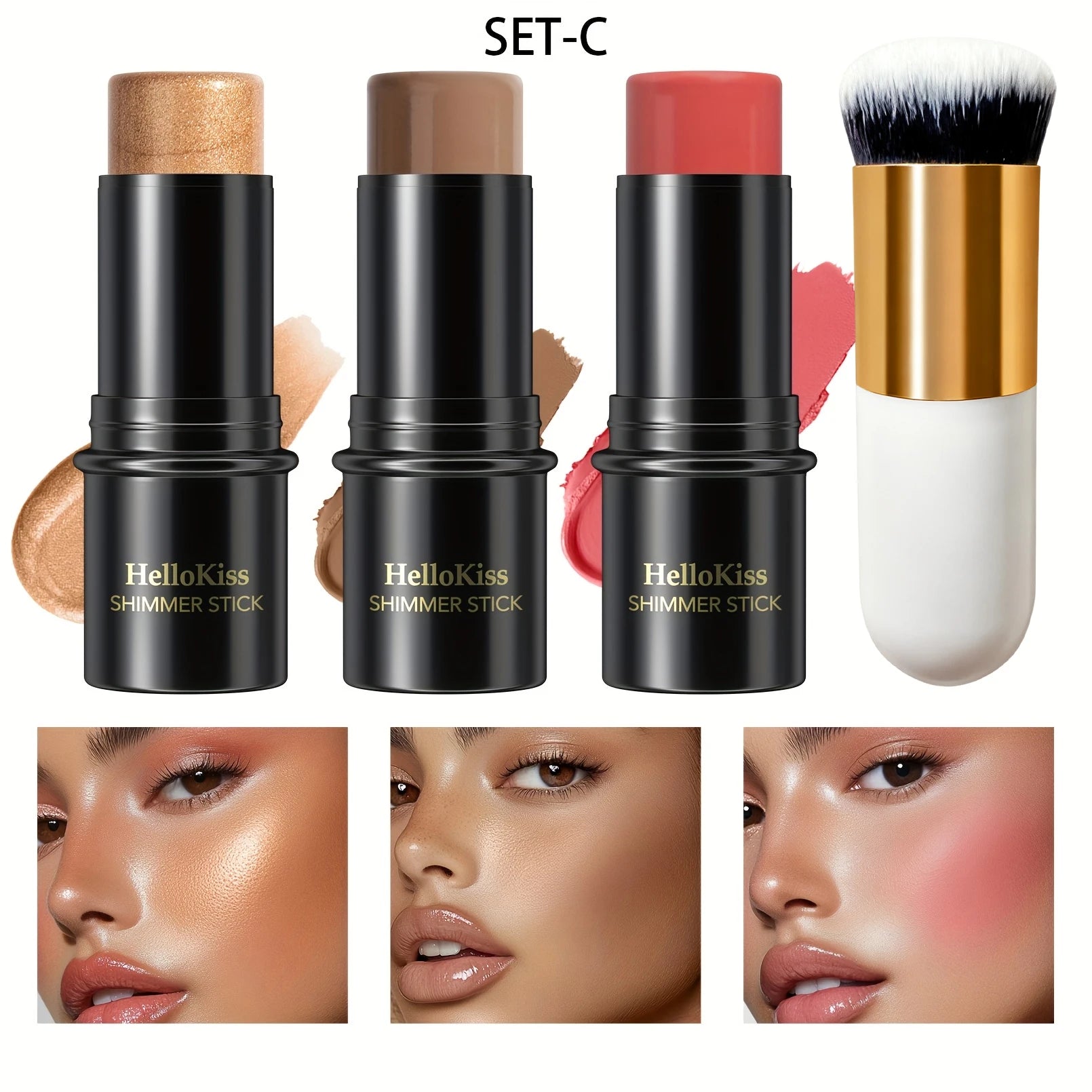 4pcs Contour Stick Set, Highlighter, Blush & Bronzer with Highlight Brush Long-Lasting, Perfect for Halloween & Graduation Gifts