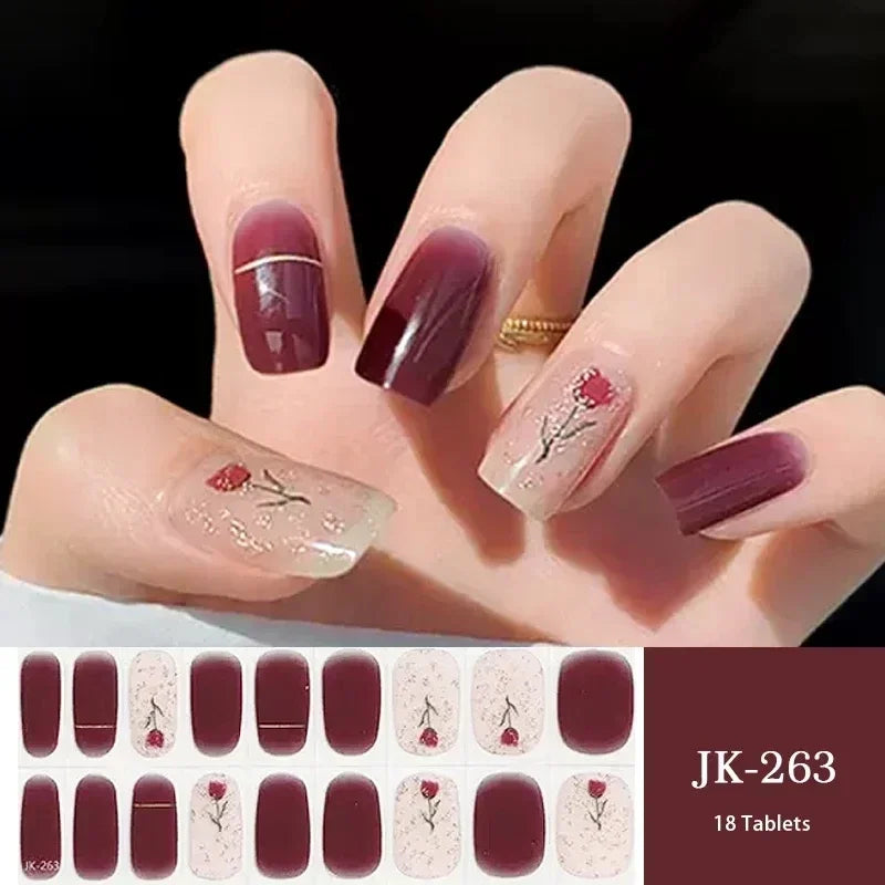 16/20Tips Semi-Cured Nail Wraps Simple Color Adhesive Full Cover Stickers for Nails UV Lamp Need Press On Nails DIY Manicure