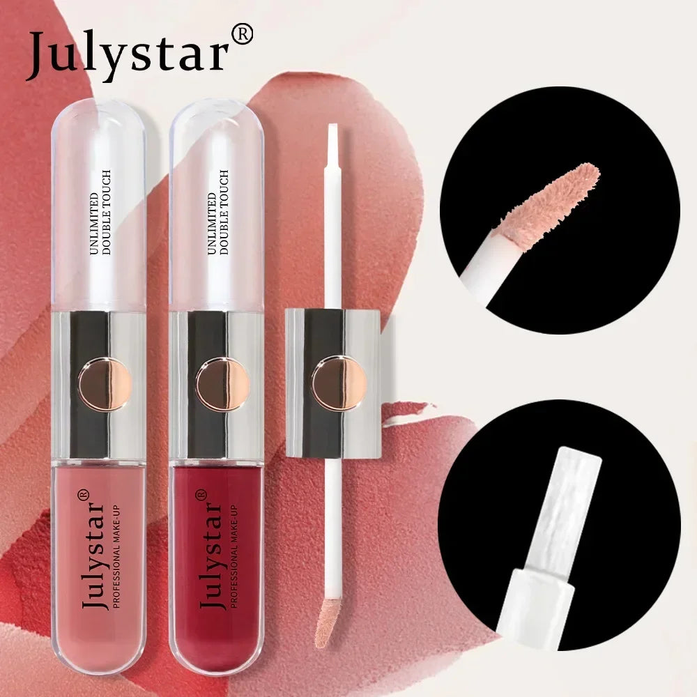Julystar New Double Head Lip Gloss Lip Oil Set 9 Colors Matte Moisturize Waterproof 2 in 1 Liquid Lipstick Fashion Lip Glaze 6ml