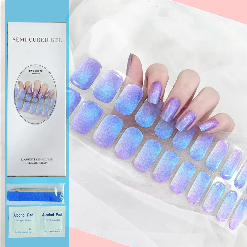 16/20Tips Semi-Cured Nail Wraps Simple Color Adhesive Full Cover Stickers for Nails UV Lamp Need Press On Nails DIY Manicure