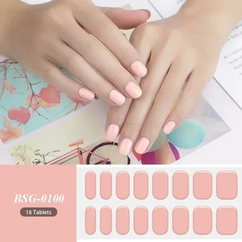 16/20Tips Semi-Cured Nail Wraps Simple Color Adhesive Full Cover Stickers for Nails UV Lamp Need Press On Nails DIY Manicure