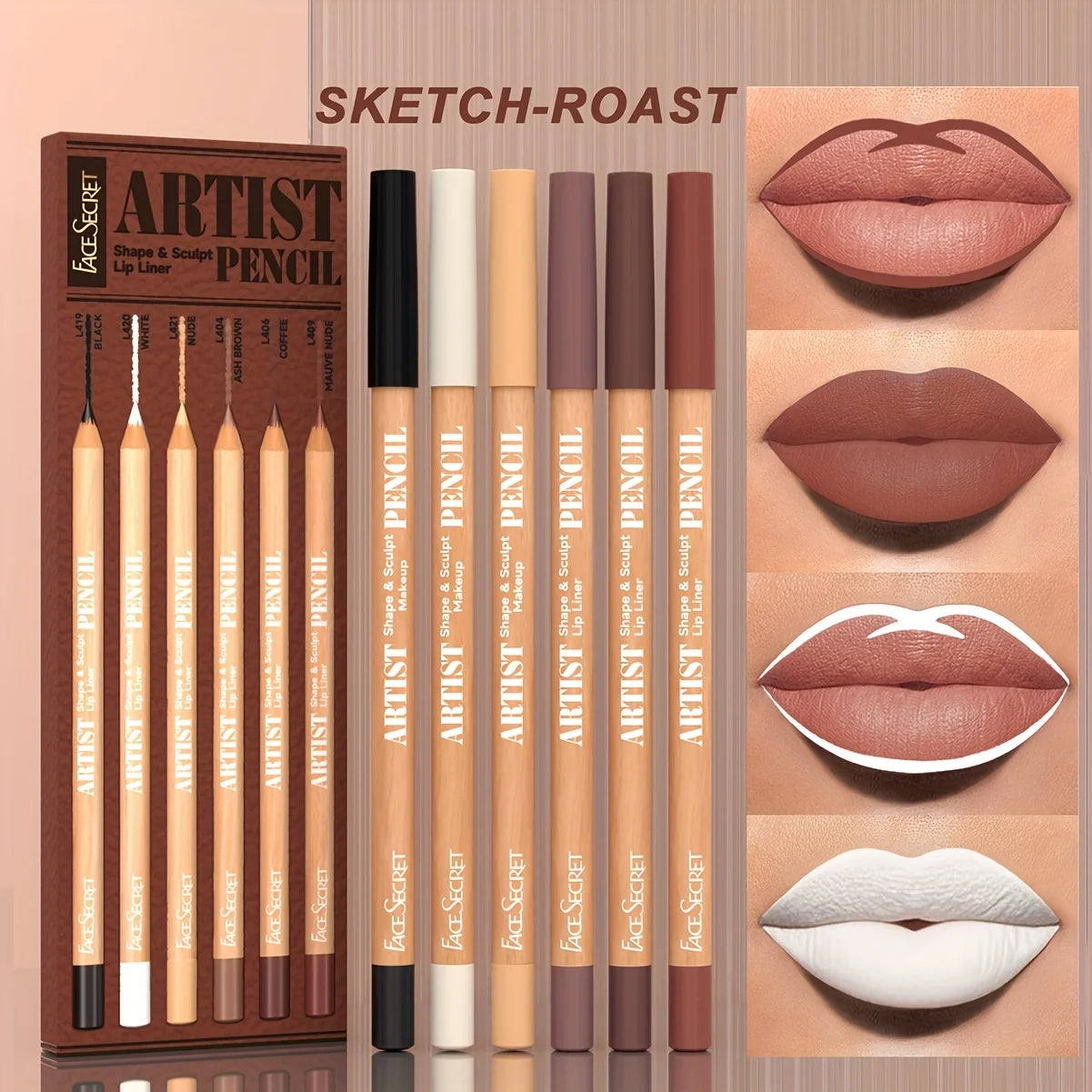 Ensemble de 6 crayons contour des lèvres nude, set de maquillage imperméable mat, texture veloutée longue tenue, combo de crayons à lèvres, adapté au maquillage quotidien.