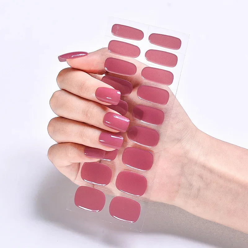 16/20Tips Semi-Cured Nail Wraps Simple Color Adhesive Full Cover Stickers for Nails UV Lamp Need Press On Nails DIY Manicure