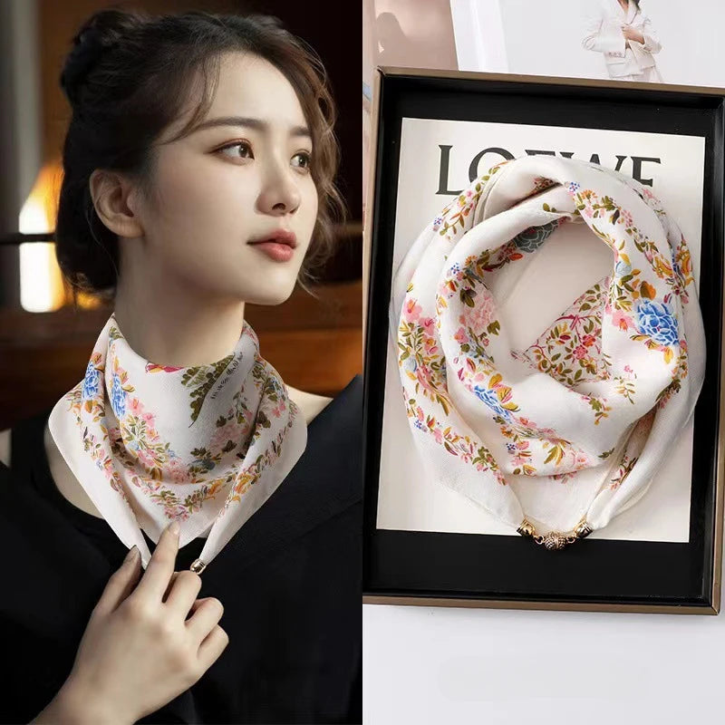 Luxury Magnetic Buckle Print Silk Scarf for Women Autumn and Winter New Fashion Soft Satin Neckerchief High-end Neck Scarf ﻿