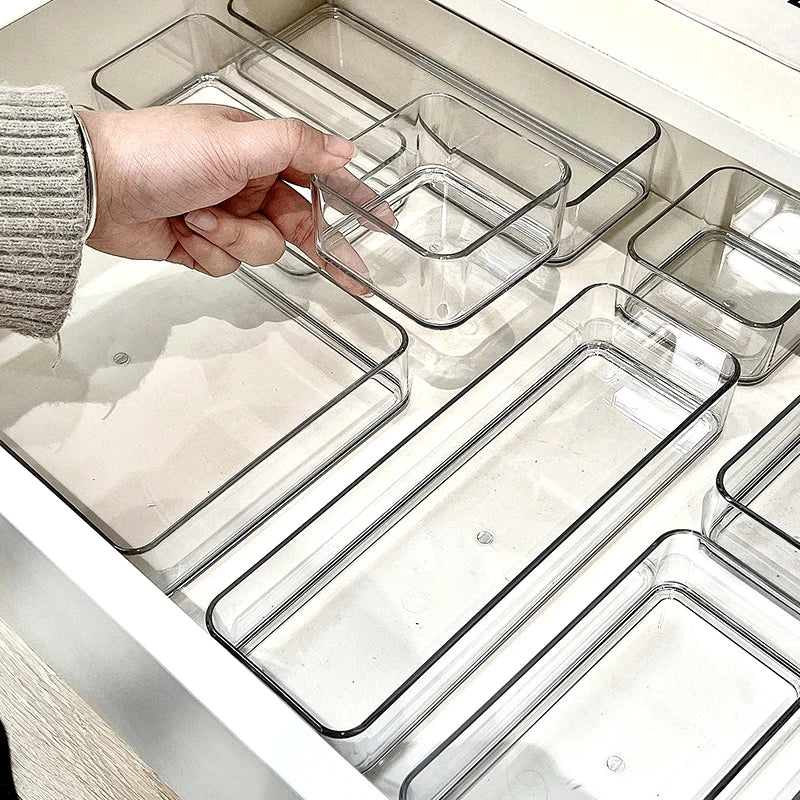 Clear Plastic Storage Box Vanity Drawer Makeup Jewelries Organizer Stackable Kitchen Bathroom Desktop Accessories Storage Tray