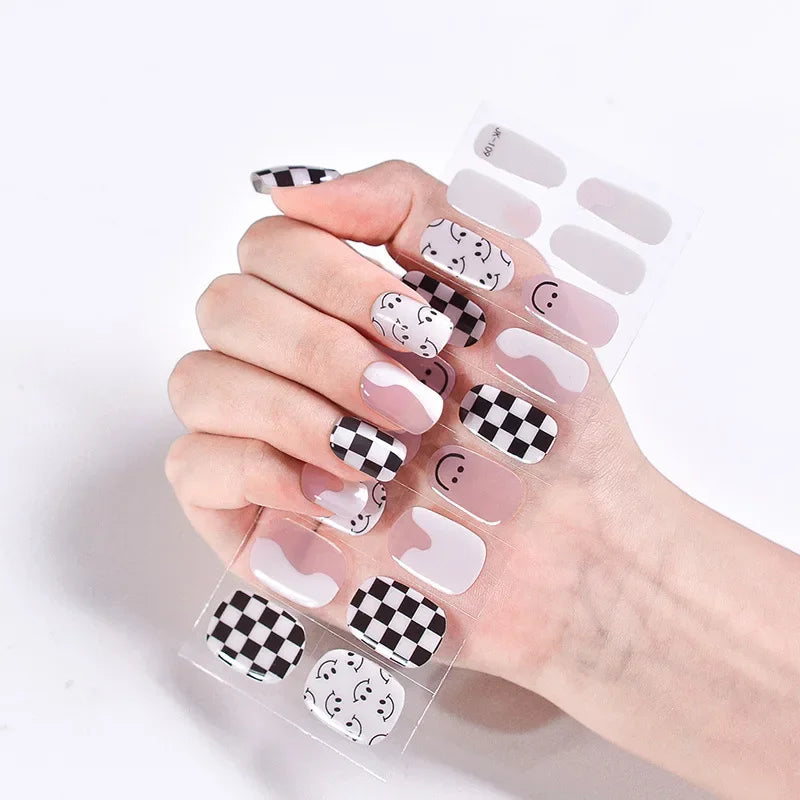 16/20Tips Semi-Cured Nail Wraps Simple Color Adhesive Full Cover Stickers for Nails UV Lamp Need Press On Nails DIY Manicure