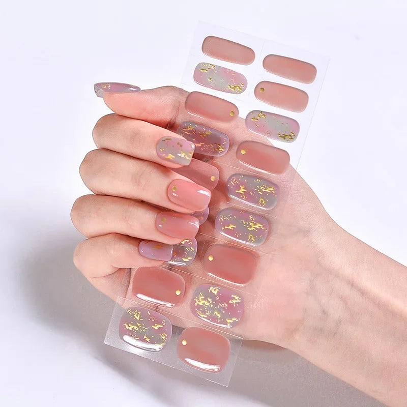 16/20Tips Semi-Cured Nail Wraps Simple Color Adhesive Full Cover Stickers for Nails UV Lamp Need Press On Nails DIY Manicure