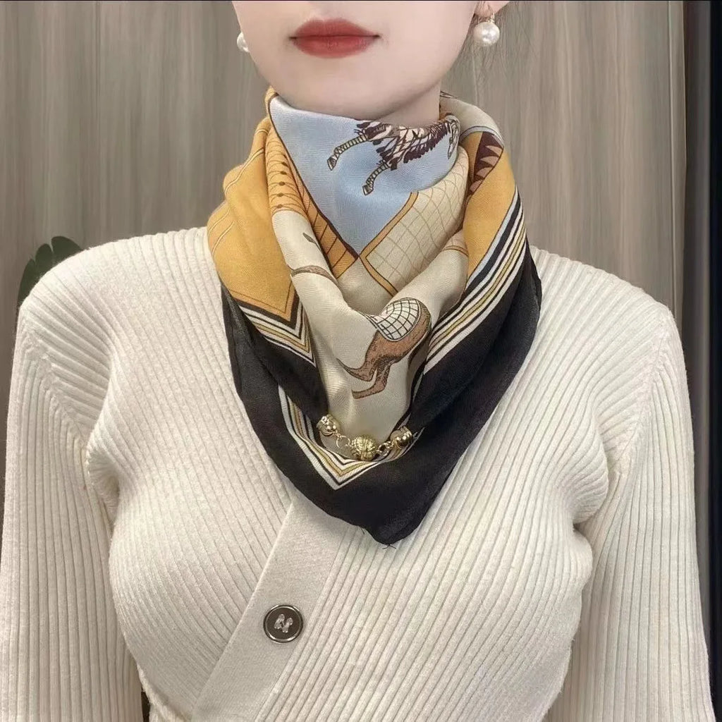 Luxury Magnetic Buckle Print Silk Scarf for Women Autumn and Winter New Fashion Soft Satin Neckerchief High-end Neck Scarf ﻿