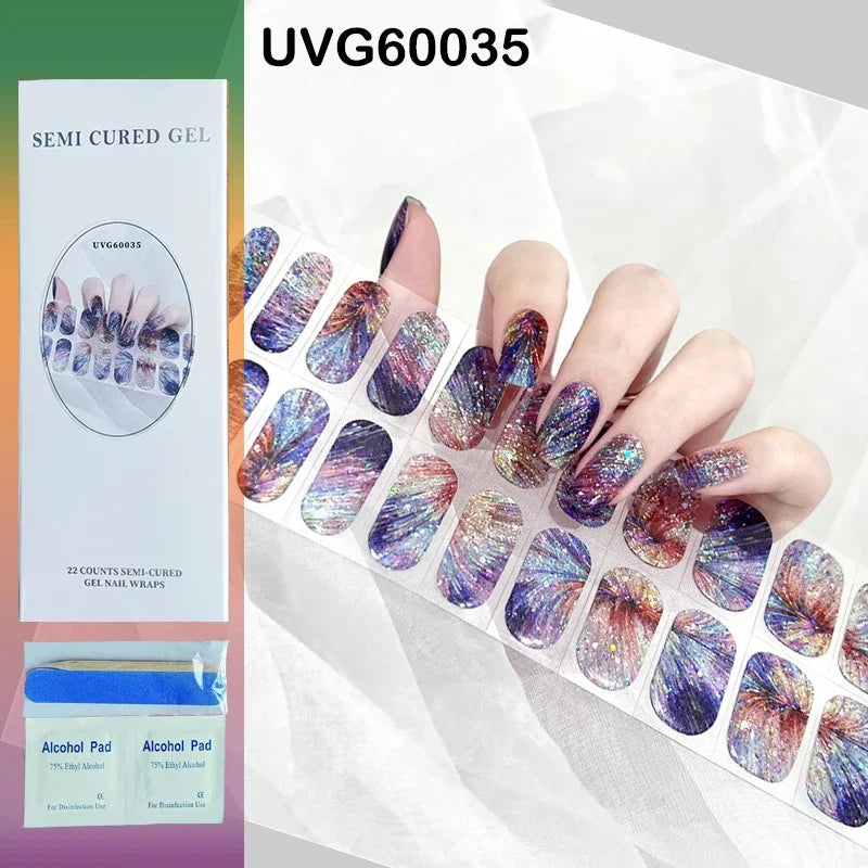 16/20Tips Semi-Cured Nail Wraps Simple Color Adhesive Full Cover Stickers for Nails UV Lamp Need Press On Nails DIY Manicure