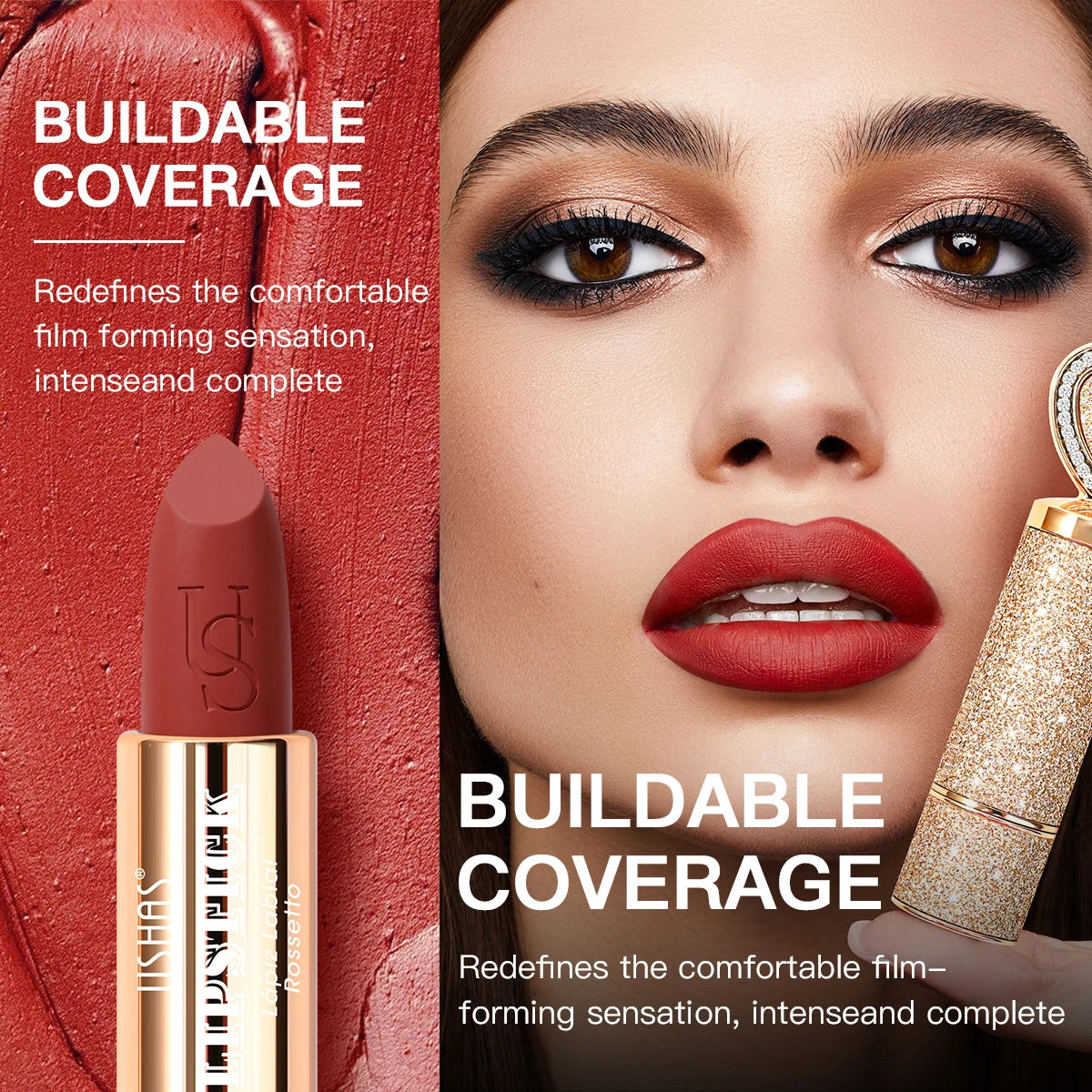 USHAS, Matte lipstick, long-lasting waterproof, moisturizing, non-stick cup, gold shape, with heart-shaped mirror