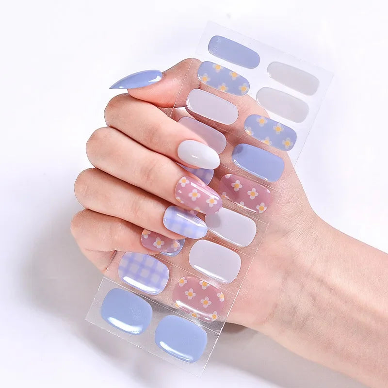 16/20Tips Semi-Cured Nail Wraps Simple Color Adhesive Full Cover Stickers for Nails UV Lamp Need Press On Nails DIY Manicure