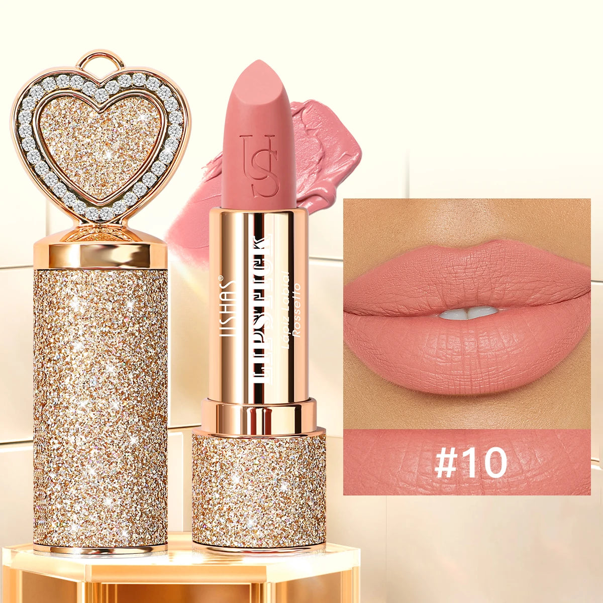 USHAS, Matte lipstick, long-lasting waterproof, moisturizing, non-stick cup, gold shape, with heart-shaped mirror