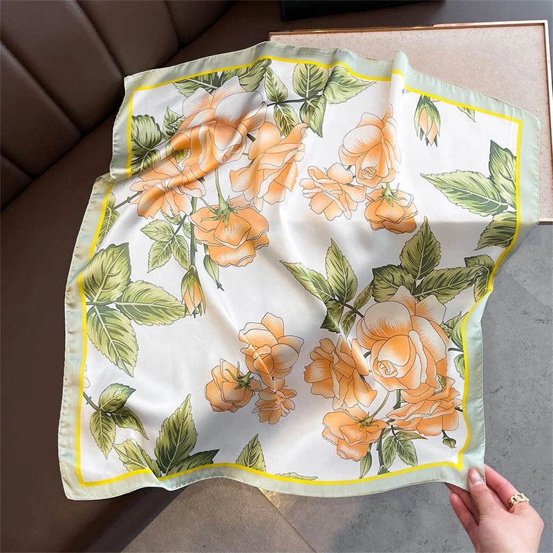 70cm Square Lemon Print Yellow Square Silk Scarf Casual Elegant Thin Breathable Neck Women Windproof Head Wrap Hair Scarves