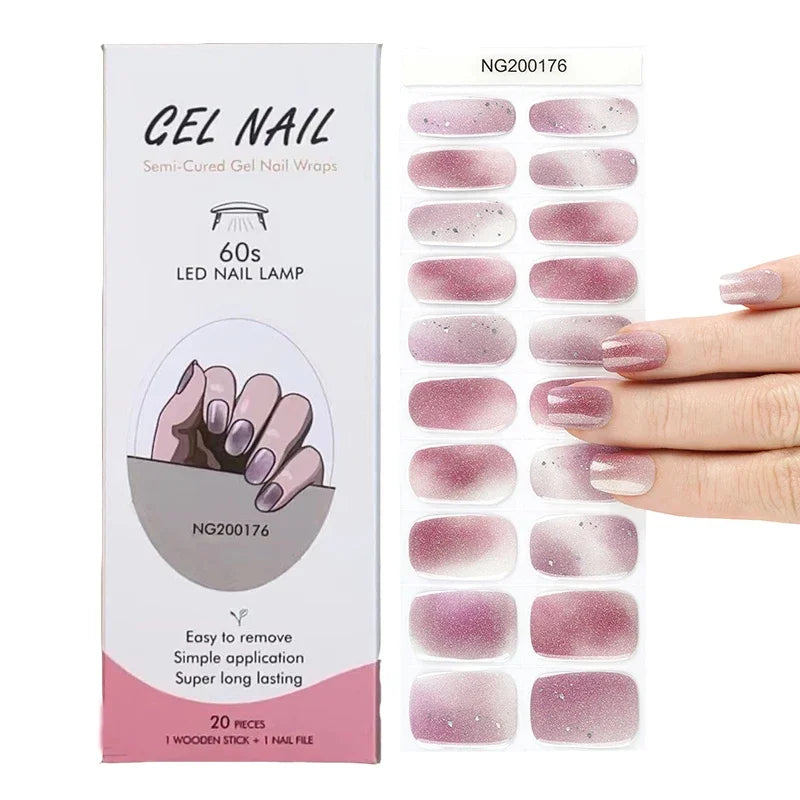 16/20Tips Semi-Cured Nail Wraps Simple Color Adhesive Full Cover Stickers for Nails UV Lamp Need Press On Nails DIY Manicure