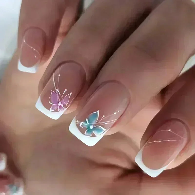 24Pcs French Tip  Press on Nails Short Coffin False Nails Simple Wearable Fake Nails Frosted Full Cover Press on Nail Tips Art