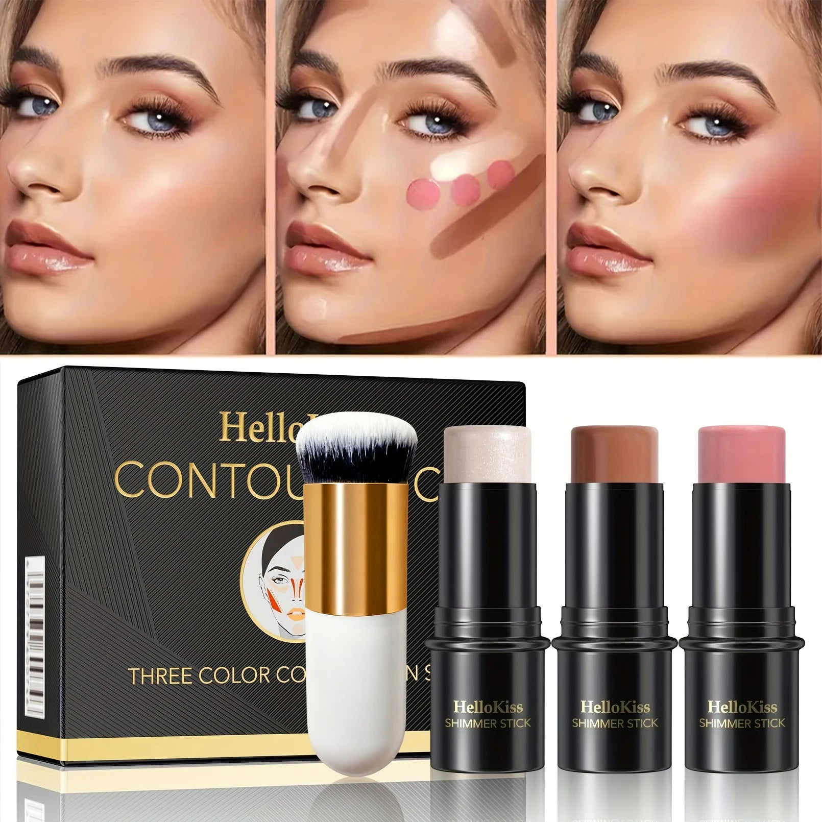 4pcs Contour Stick Set, Highlighter, Blush & Bronzer with Highlight Brush Long-Lasting, Perfect for Halloween & Graduation Gifts